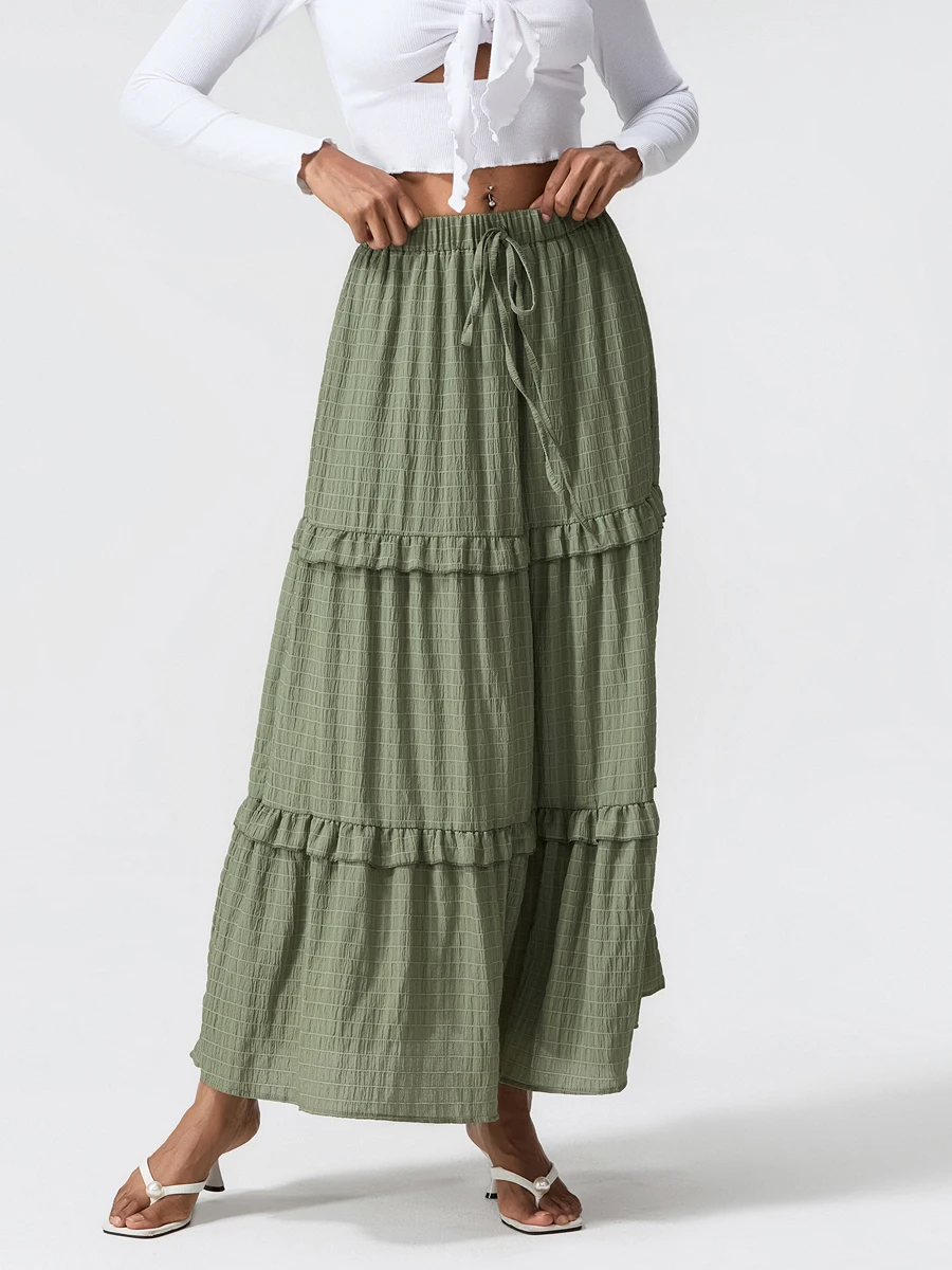 Summer Women Long Pleated Skirt Casual Shirt With Ruffled Edges And Elastic Waistline In The Style Of Sen Women'S A-Line Skirt