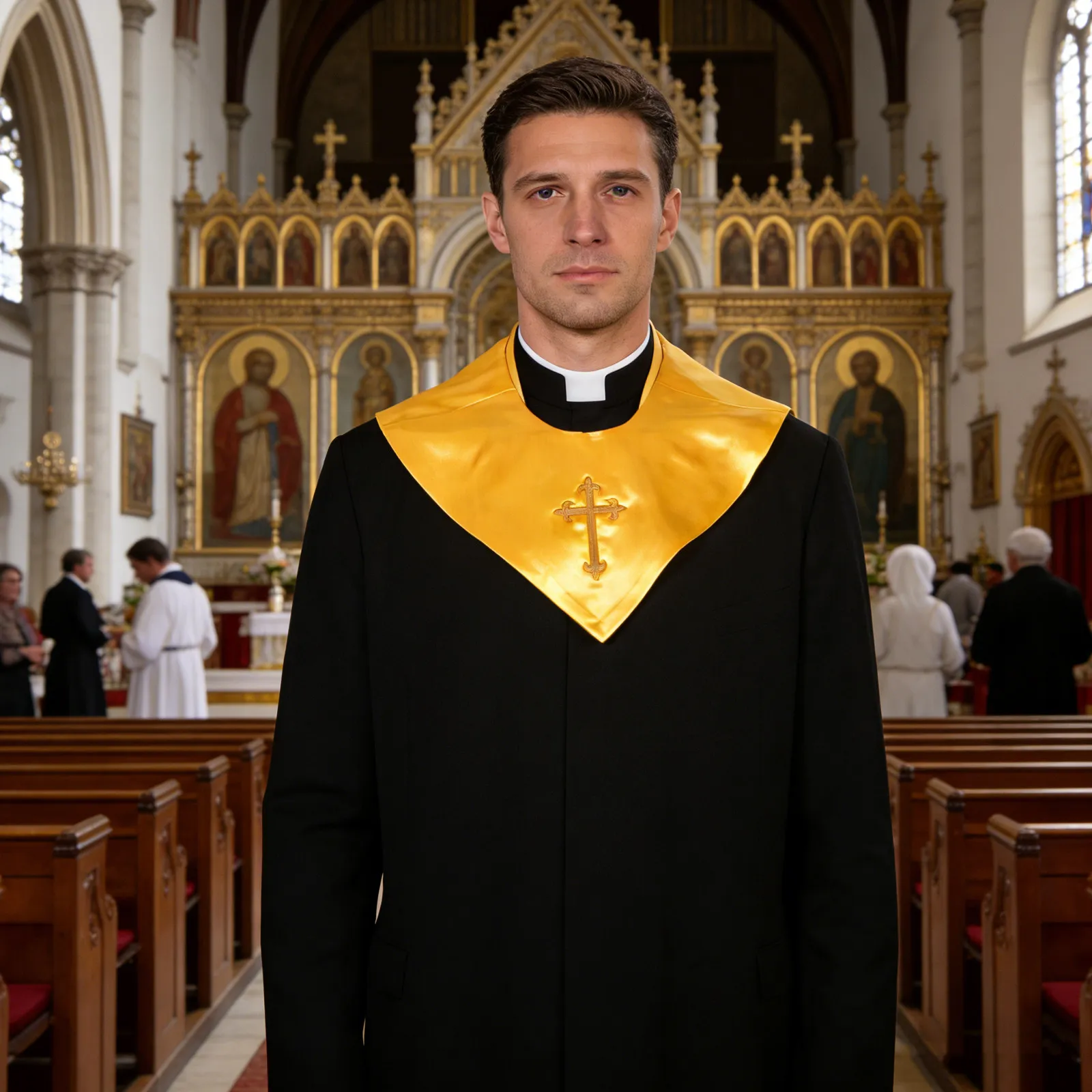 

Unisex V-Shape Reversible Church Choir Stole Adult Golden Satin Embroidered Cross Stole for Ceremonies Performances Choir