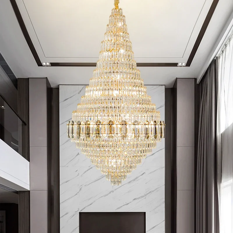 Stairecase Crystal Chandelier, Gold Pendant Light, Elegant High-Ceiling Living Room Lighting, Minimalist Home Decor Lamp