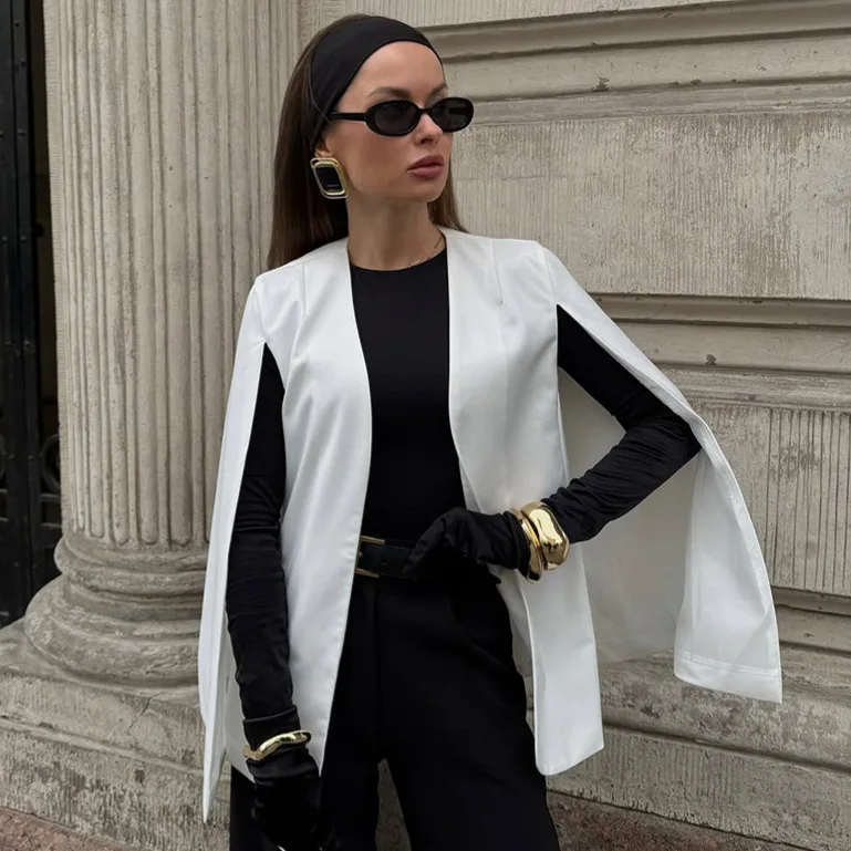 

Элегантная осенняя женская накидка белого цвета с открытой строчкой, свободный крой, женский плащ с длинными рукавами, минималистичная шаль для женщин