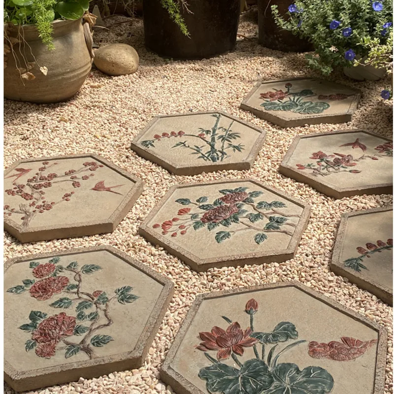 Outdoor Courtyard Lawn Stepping Stone Garden Cement Foot Pedal Plant And Flower Relief Decoration Hexagonal Paving Bricks