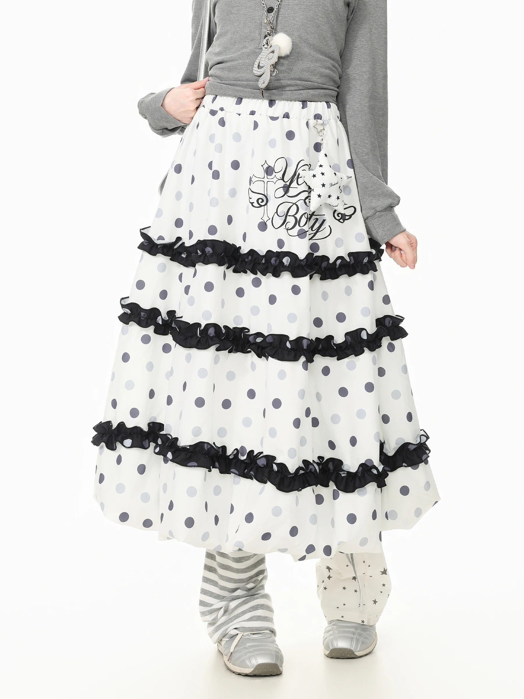 Languid Park Anime Polka Dot Frock Skirt Women's Mid-Length Puffy  Skirt Casual Style Standard Fit A-Line Skirt