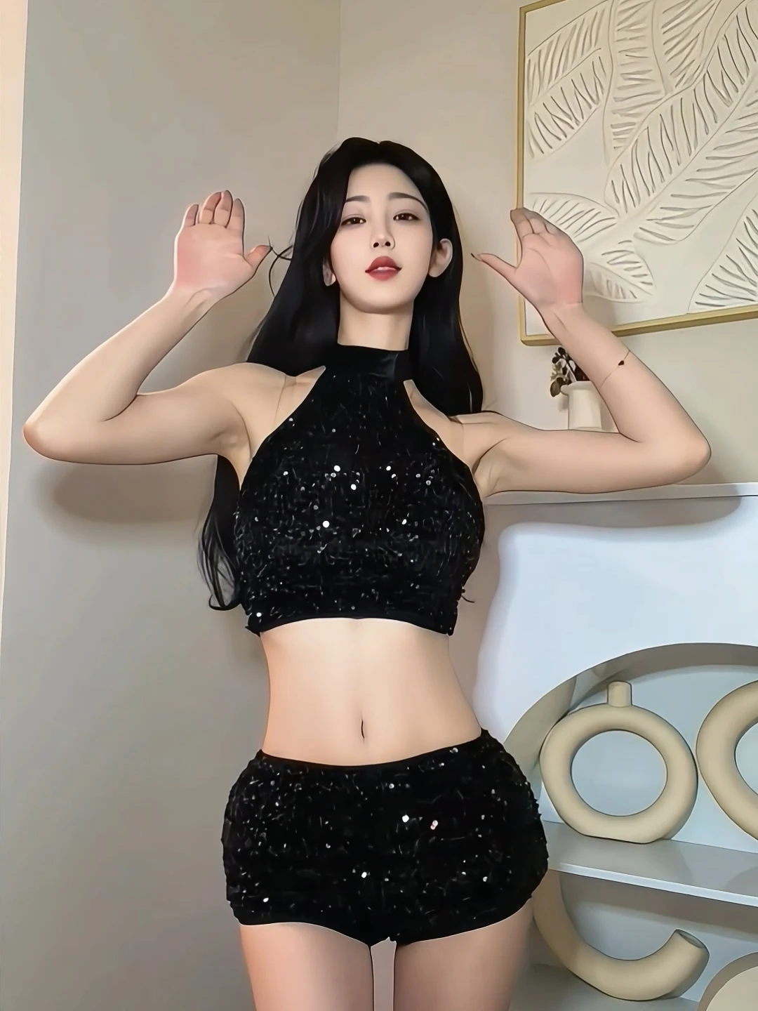 Sexy Spicy Girl Retro Nightclub Bar Sequin Neck Hanging Vest Winter Pure Desire Body Shape Show off Shorts Set Women's Fashion