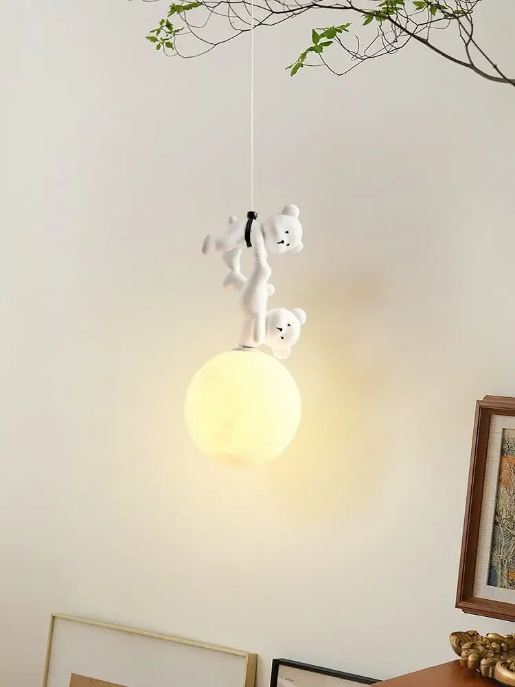 Bear Lamp Cartoon Nursery Bedside Pendant Resin Kids Bedroom Hanging Light Baby Girl Boy Fixture Home Decor Interior Art
