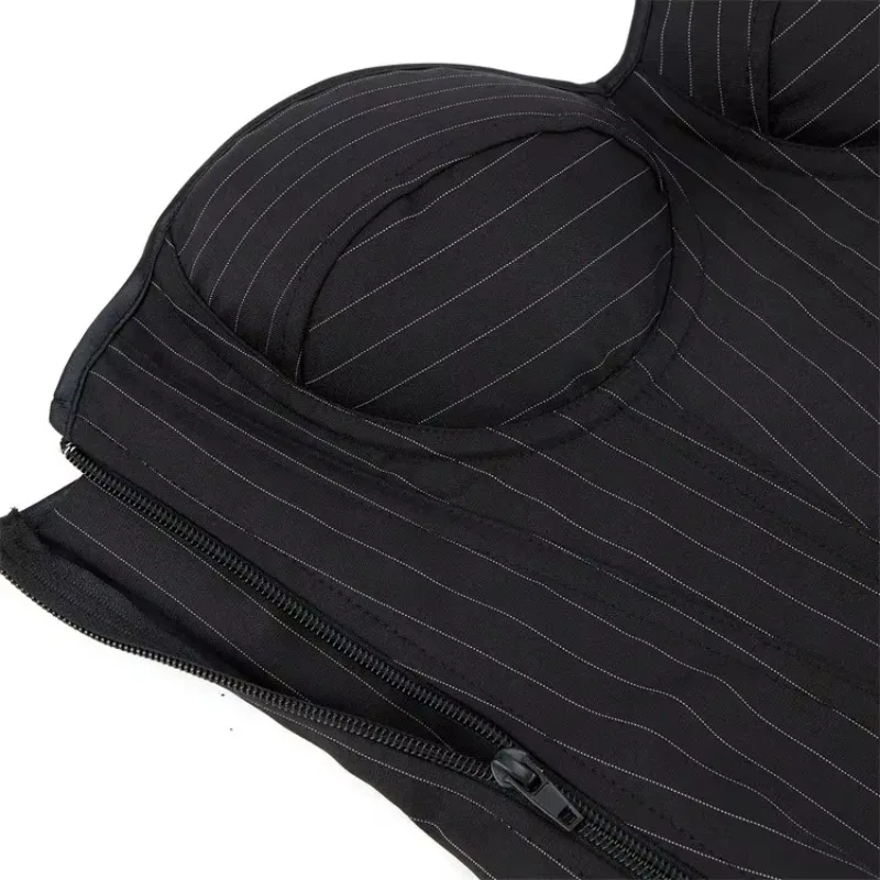 Women Black Striped Overbust Corset Bras Striped Office Costume Lace-Up Boned Zipper Corset Sexy Strapless Bustier Top