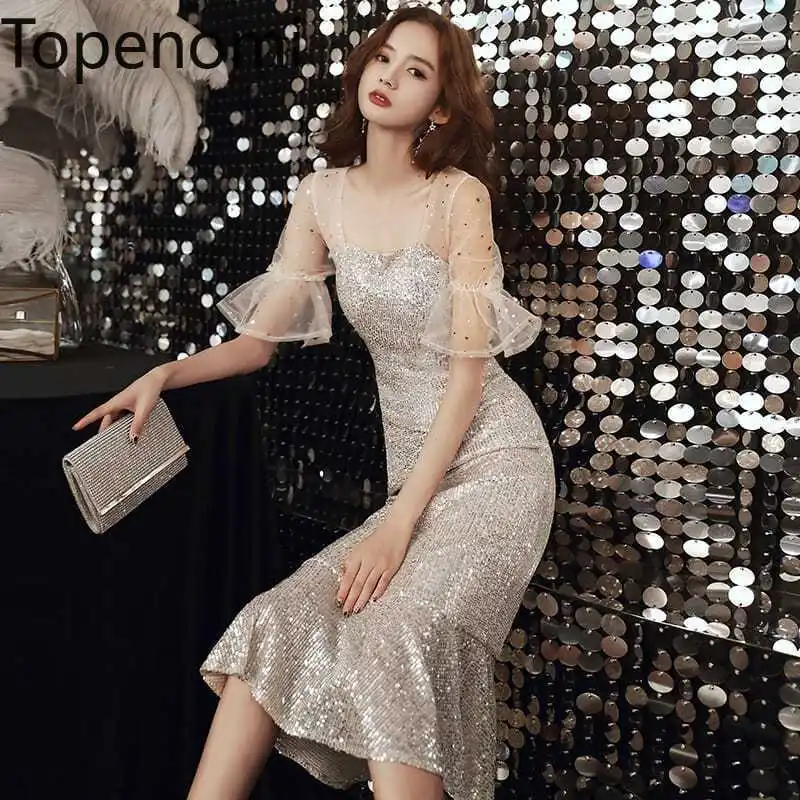 

Topenomi Fishtail Evening Dress Women 2024 New Birthday Party Sequins Mesh Sleeves Slim Long Dresses Elegant Quinceanera Gowns