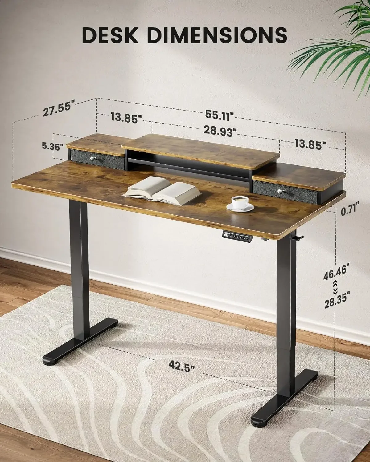 Electric Standing Desk with Double Drawers, 55x28 Inches Adjustable Height Sit Stand Up Desk