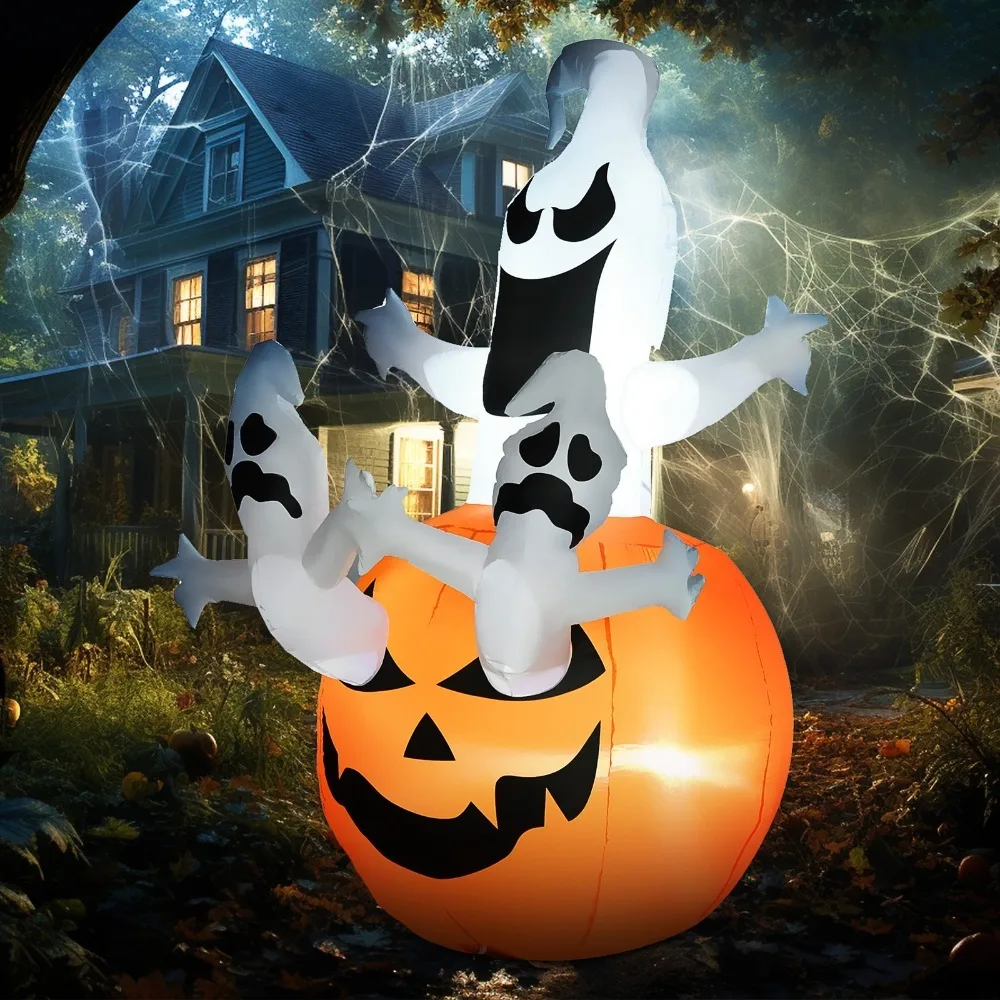 

6ft Inflatable Halloween Jack-O-Lantern Ghosts Anchored Outdoor Display w/ LEDs