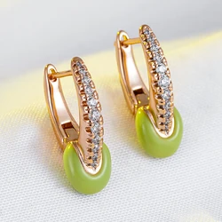 Wbmqda Unique Green Enamel Drop Earrings For Women 585 Rose Gold Color With White Natural Zircon Holiday Party Fashion Jewelry