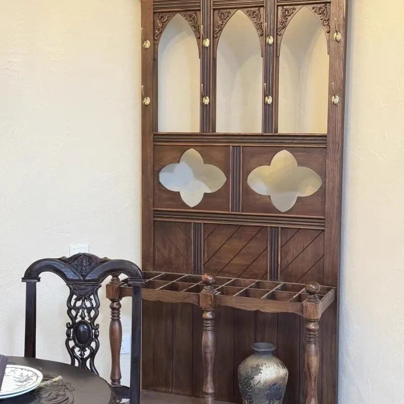 Medieval solid wood to make old side cabinets American high-footed wine cabinets retro engraving display dishes