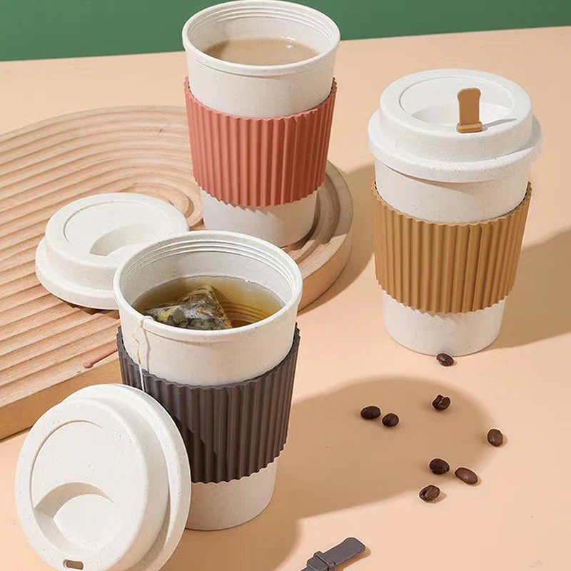 Taza de viaje portátil con tapa, taza de café de paja de trigo reutilizable, anticaída con funda antideslizante, tazas para deportes, hogar, cocina, Bar