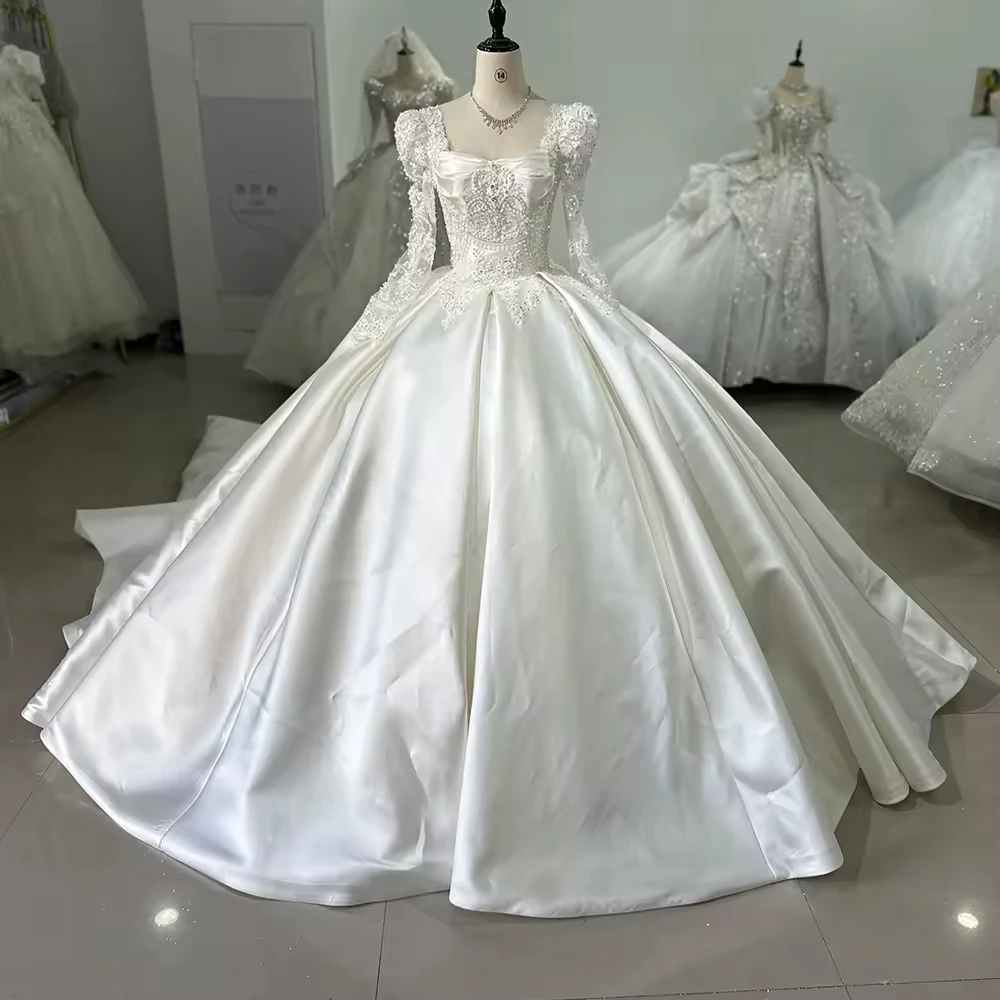 

فستان زفاف عروس Square Collar Long Sleeve Lace Up Keyhole Back Wedding Dress Embroidery Beading Sequined Luxury Bridal Dress
