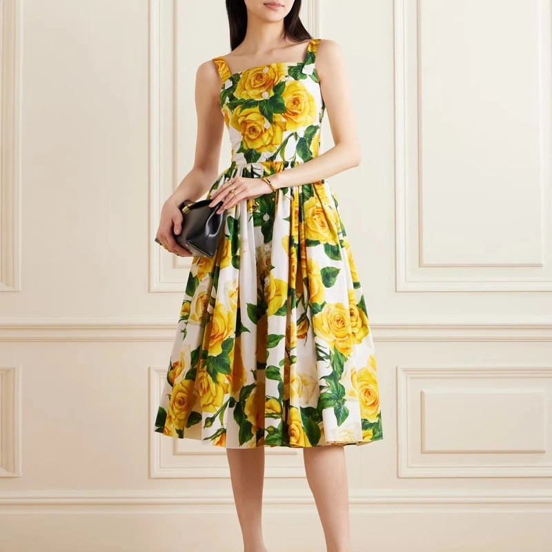 Summer new women's yellow rose print buttonDecoration poplin suspender dress y2kHigh qualityFashionable casual A-line midi skirt