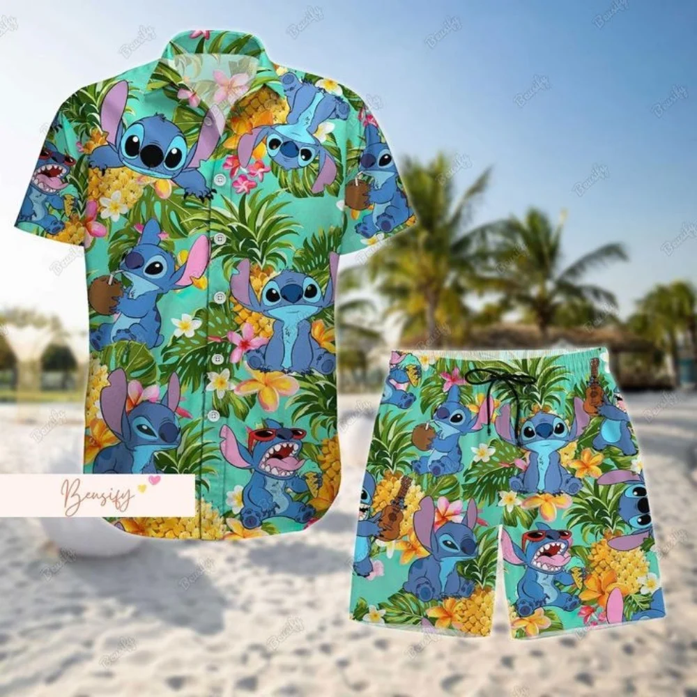 

2025 New Disney Hawaii 3d Printed shirt New men's and women's fashion Cute Stitch Boys button short sleeve shorts set Disney Bea