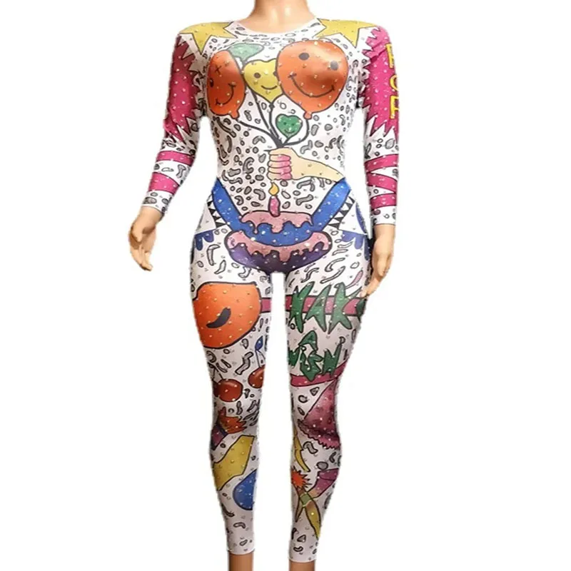 Dames Sexy Kleurrijke Ballon Cartoon Stretch Dance Dress Jumpsuit Verjaardagspak Feest Glanzende Steentjes Performance Kostuums