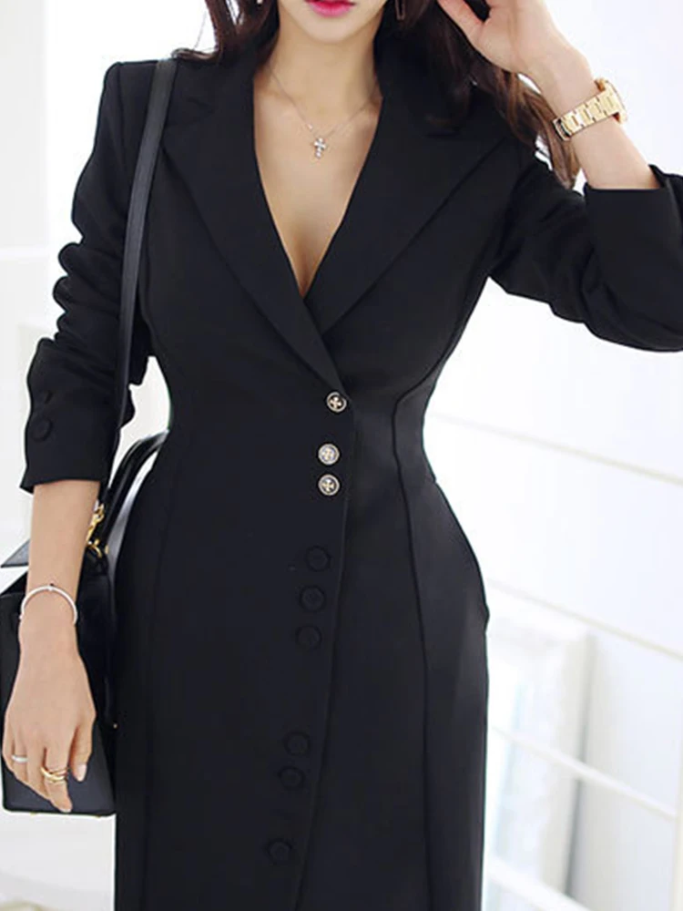 Fashion Elegant Office Women Dress Black Temperament Formal Vintage Single Breasted Slim Midi Party Commute Lady Mujer Vestidos