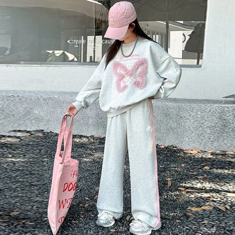 ZOETOPKID Mädchen Herbst-Sets Teenager Frühling Sportanzüge Kinder Spitze Schmetterling Sweatshirt+Lose Hose 2-teilig Kinder-Outfits – Detail 3