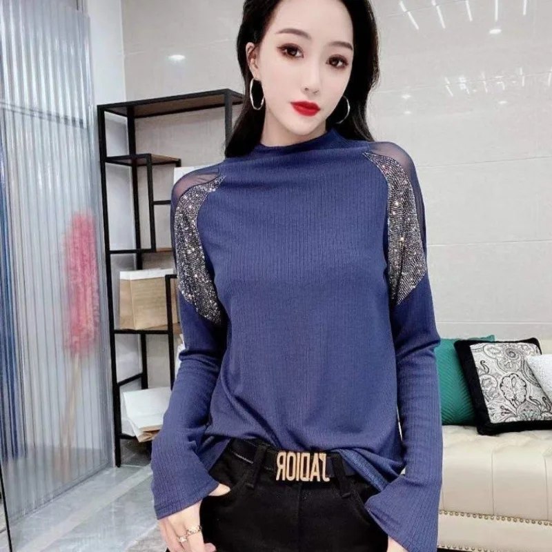 

Женская футболка, одежда, пуловер, уличная одежда, корейская мода, водолазки, одежда, футболки для женщин, синий топ со стразами и блестками, Новинка