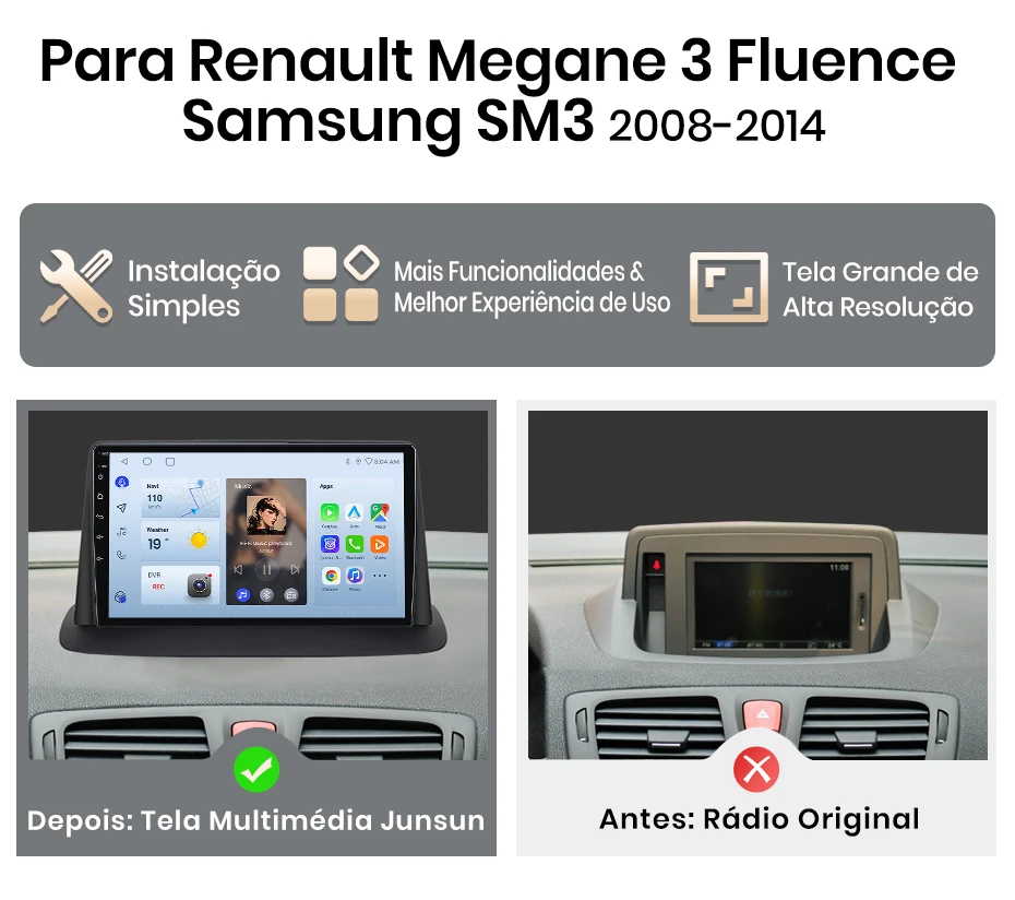 Junsun Kabelloses CarPlay Autoradio für Renault Megane 3 Fluence Samsung SM3 2008-2014 Android Autoradio RDS 4G WiFi DSP SWC GPS – Detail 4
