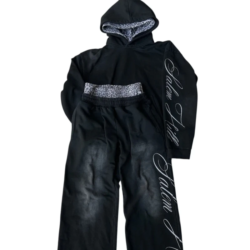 2025 European and American new long sleeved pullover hooded sweatshirt sports pants set punk print y2k street fashion streetwear