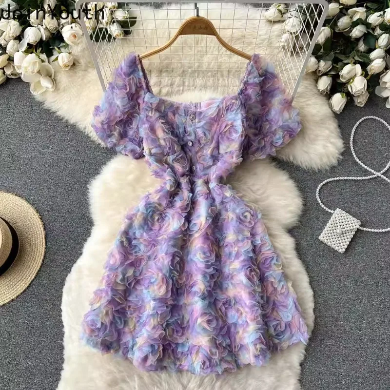 Vrouw Jurk 2024 Vestidos De Mujer Poff Mouw Vierkante Kraag A-Lijn 3d Bloemen Temperament Gewaad Femme Sweet Zomer Mini Jurken