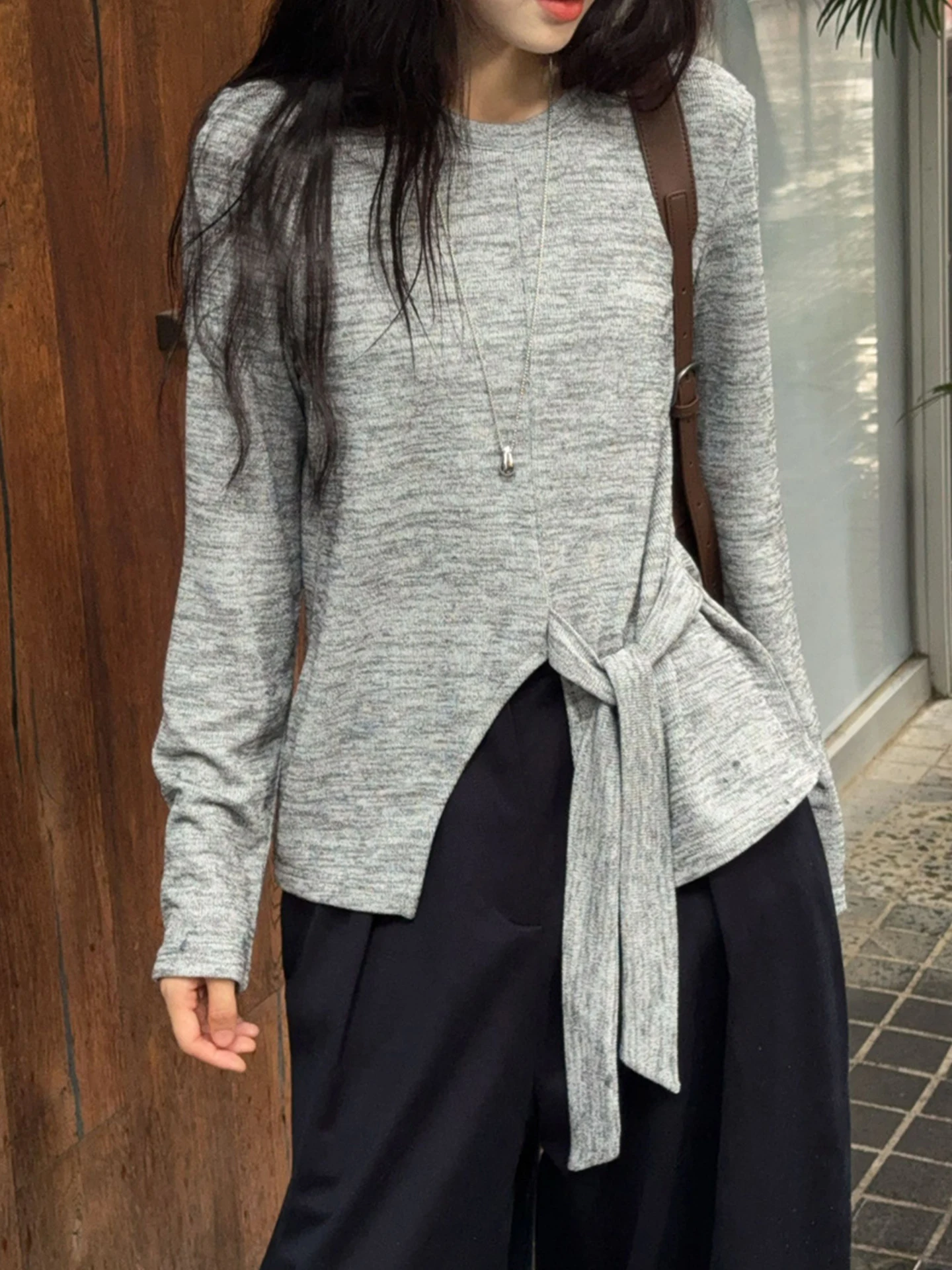 Korean Sle Knitted Long Sve Wrap Top Women's Base Layer irt round Ne Pure Color Design Sensation Autumn Faion