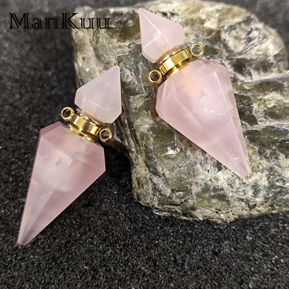 Mankuu Stainless Steel Wishing Bottle Pendant Rose Quartz Perfume Bottle Oil Natural Healing Crystal Necklace For Women Gifts