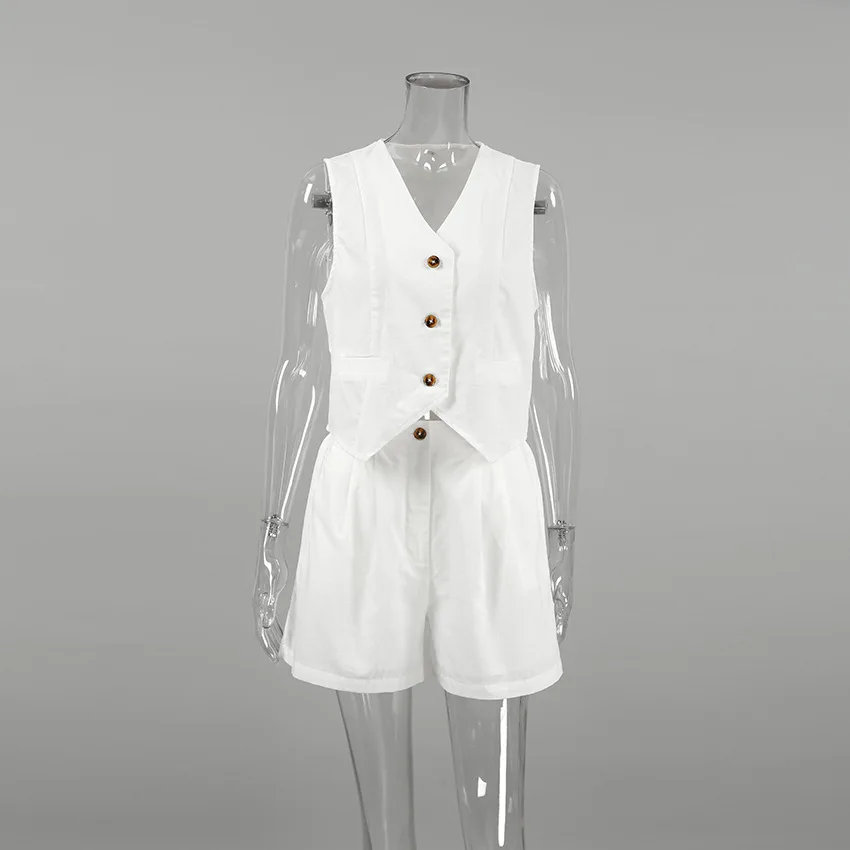 Conjunto de chaleco de lino y algodón liso para mujer, chaleco sin mangas con cuello de pico + pantalones cortos sueltos de cintura alta, conjunto de dos piezas para mujer