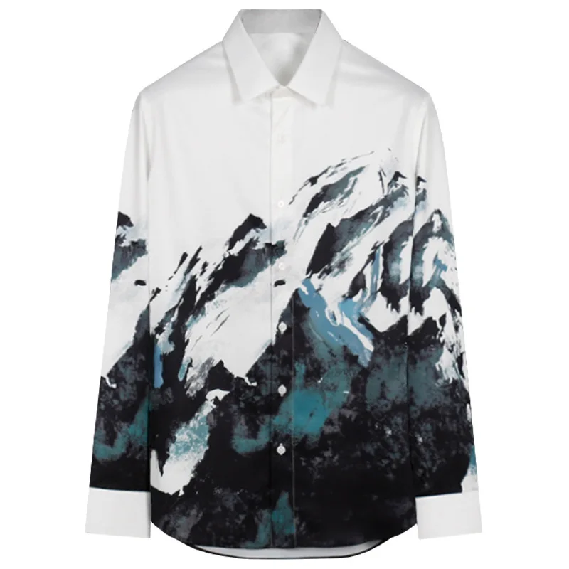 2024 Silk Snow Mountain Printed Shirt for Men Long Sleeve Slim Fit Casual Shirts Lapel Business Social Party Tuxedo Blouse