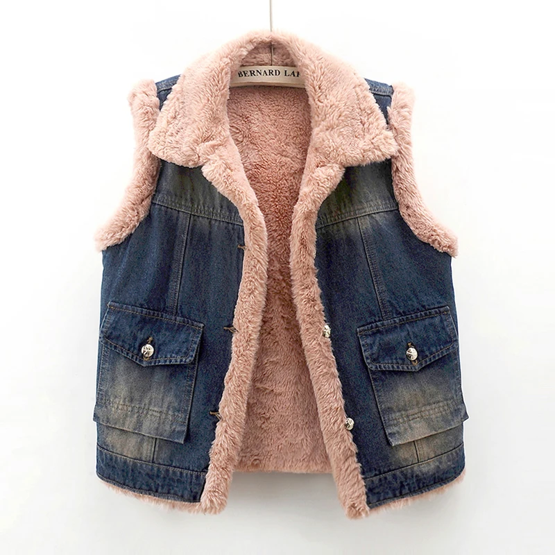 

Winter Thick Rabbit Hair Plus Velvet Liner Splicing Denim Vest Women Short Cowboy Waistcoat Vintage Sleeveless Jeans Vest Female