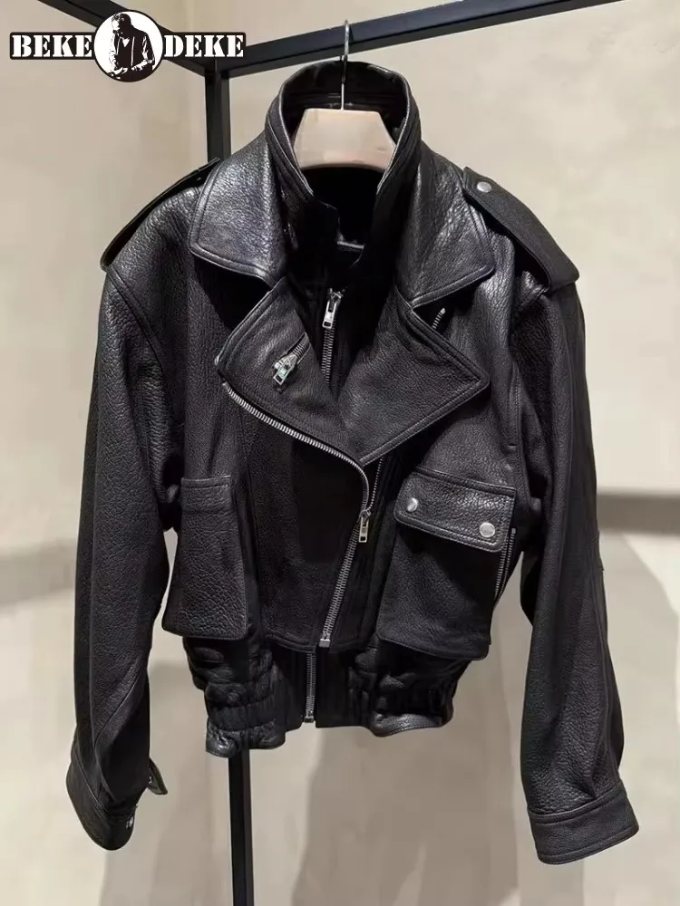 Chaqueta Punk Vintage de cuero genuino para mujer, ropa de calle con solapa, abrigo corto para motocicleta, ropa de abrigo holgada de piel de oveja auténtica de alta calidad