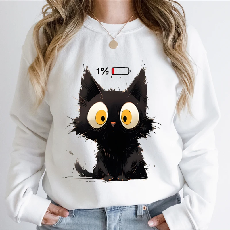 Power Cat Graphic Sweatshirts Women Sad Cats Shed Tears Print Funny Sweatshirt Hoodie Kawaii Animal Lover Casual Hooded Shirts