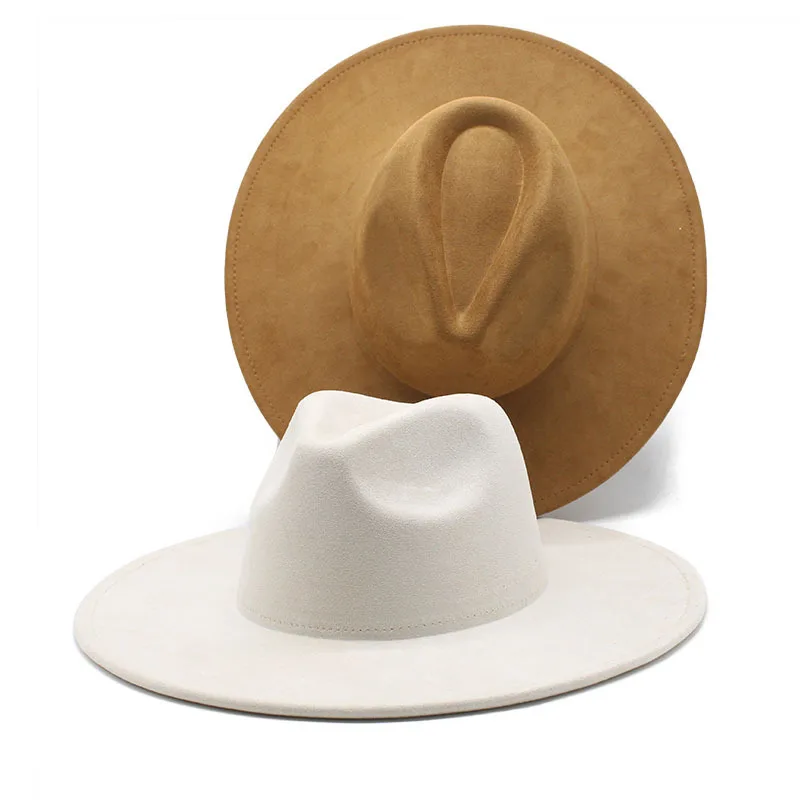 9.5 CM Big Brim Jazz Fedora Hats Men Suede Fabric Heart Top Felt Cap Women Luxury Designer Brand Party khaki Fascinator Hats