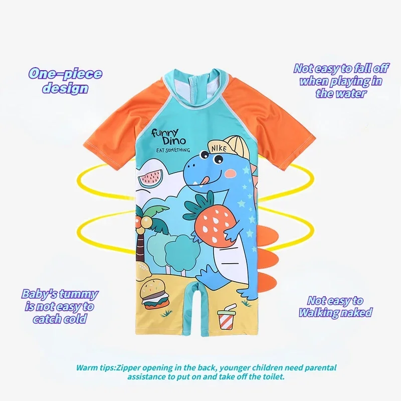 Baby Boys Short Sleeve Bathing Suit Infant One-piece Rashguard Patchwork Cartoon Print Swimsuit Beach Water Sport Surfing Shirt