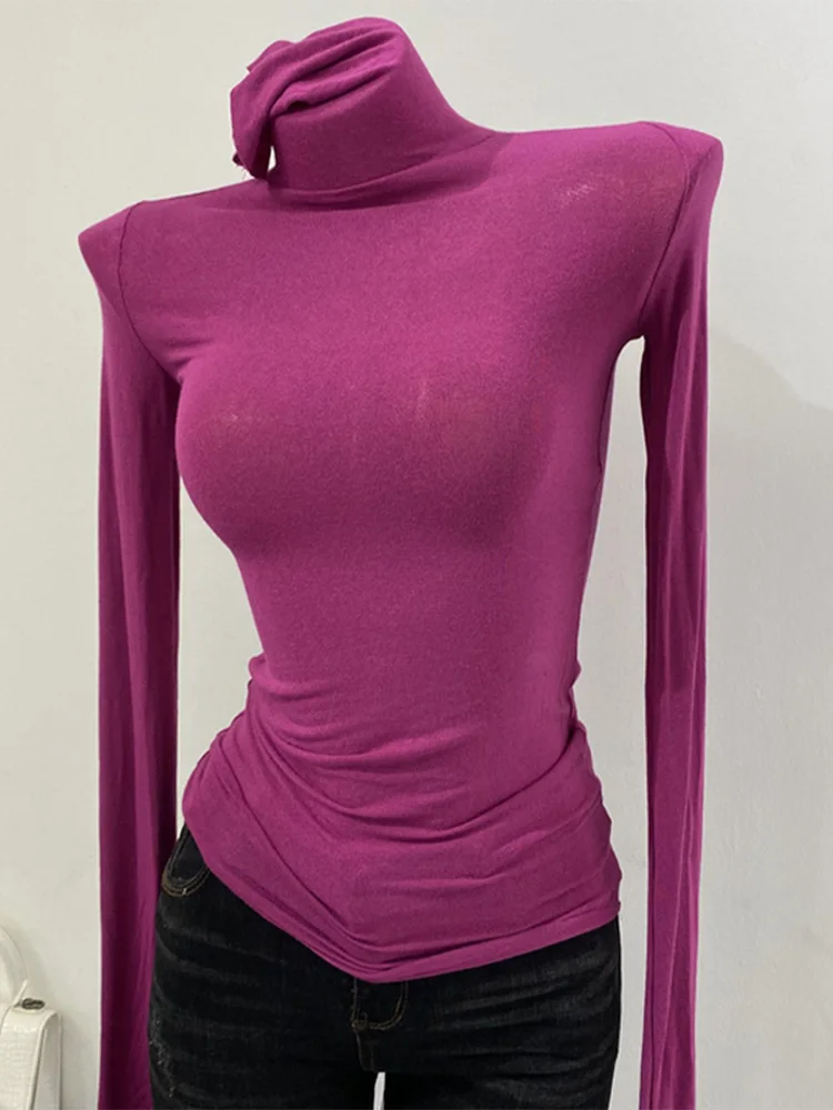 رقيقة لينة الأمريكية طويلة الأكمام تي شيرت عالية مكدسة الرقبة ضيق منظور أسفل قميص المرأة سليم صالح القمم مثير الشارع الشهير