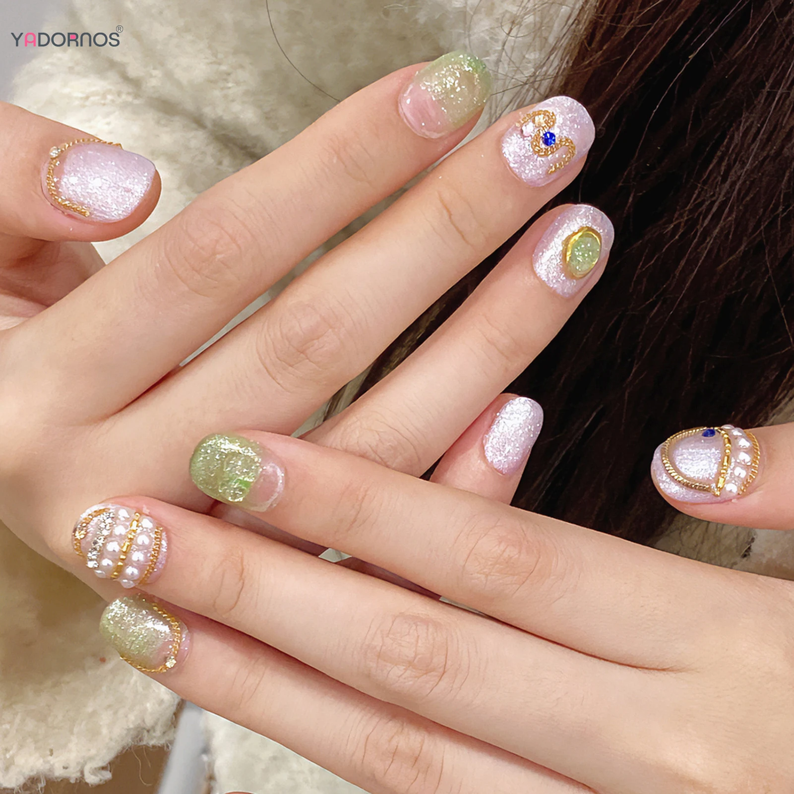 Uñas postizas cortas, redondas, cuadradas, brillantes, verdes y blancas, hechas a mano, estilo bohemio, manicura usable