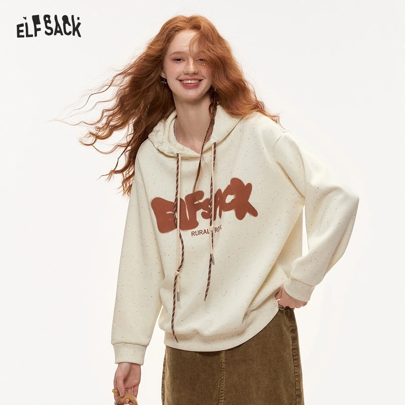 

ELFSACK 2024 Autumn New Arrivals White Letter Printed Hoodie for Women Loose Casual Thin Sweatshirt