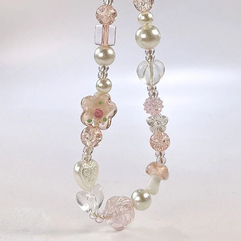 Cute Glass Bowknot Flower Bead Phone Strap Charm Chain Knot Cellphone Lanyard Keychain Girl Bag Camera Pendant for Airpods Case