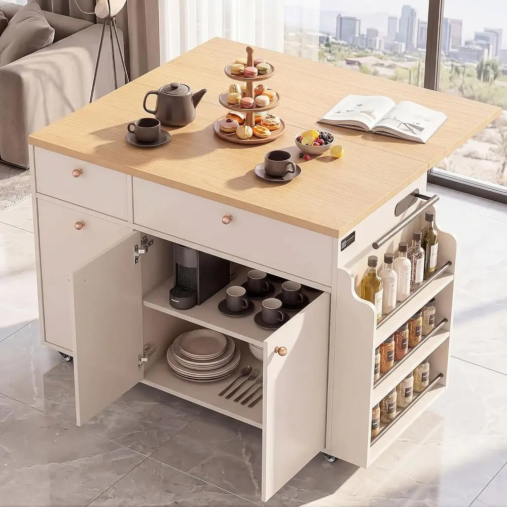 

50 Mobile Kitchen Island with Drop Leaf, Trash Bin, and 3-Tier Spice Racks - Versatile Rolling Cart for Kitchen and Dining, Whit