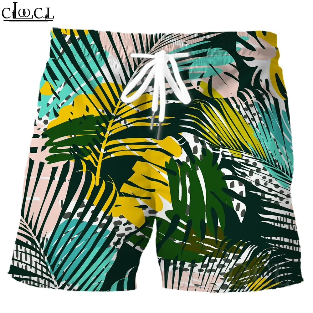 

CLOOCL Trendy Men's Shorts European Leaf Print Shorts with Pockets Bodybuilding Trunks Summer Vacation Beach Board Shorts