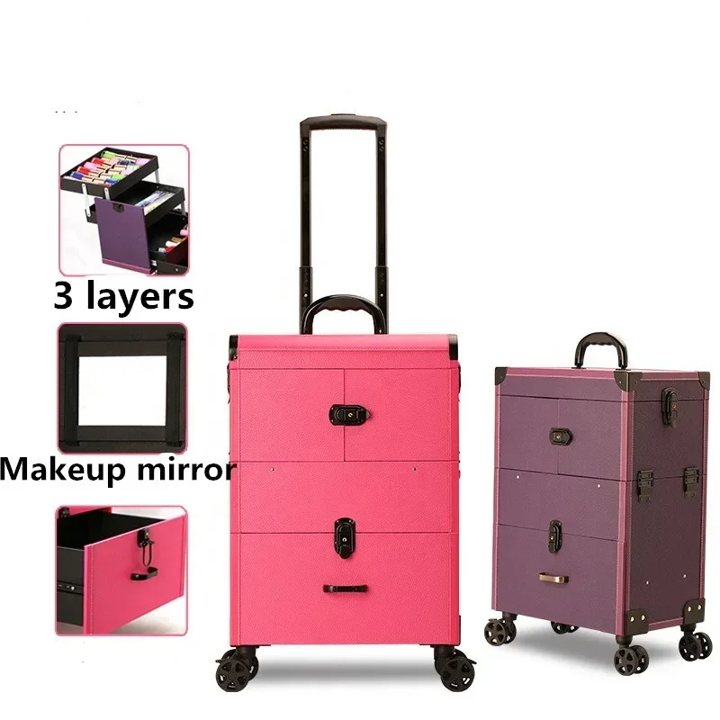 Melason Wholesale LED Lighted Mirror Makeup Artist Cosmetic Trolley Storage Case  With Bracket Professional Organizer