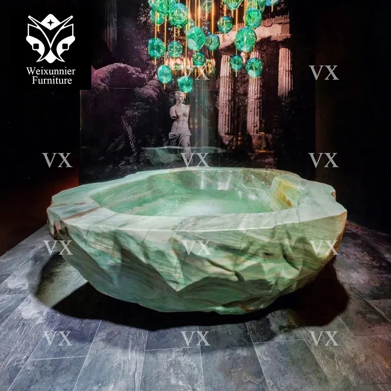 Luxury Stone Baths,Villa High-End Luxury  standing Bathtub Modern Green Solid Marble Hand-Carved Natural Stone For Home Decor