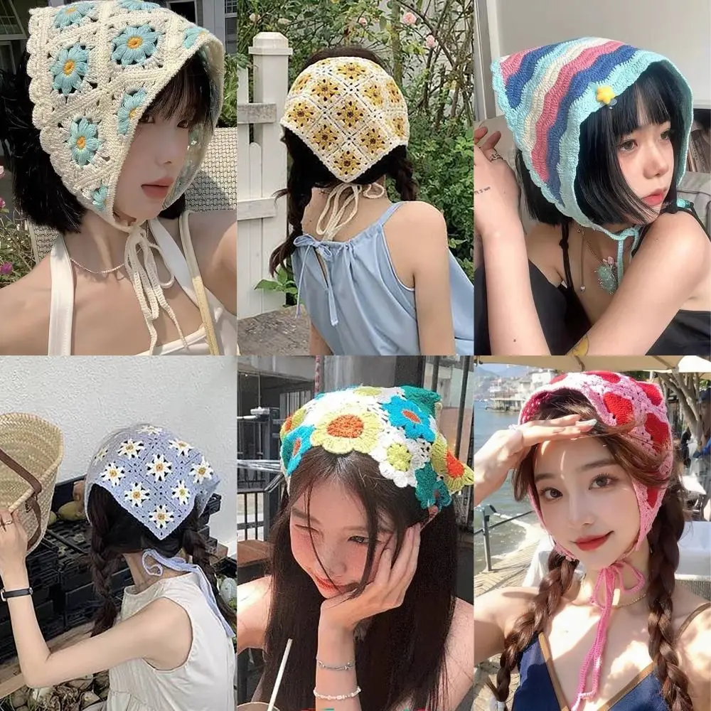 French Pastoral Style Triangle Headband Sweet Little Flower Knitted Headband Towel Handmade Crochet Headscarf Hat Girls