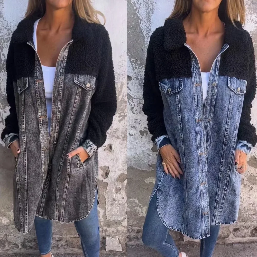 Women Autumn Denim Stitching Faux Fur Coats Ladies Long Sleeve Single Breated Jeans Outerwear Jackets