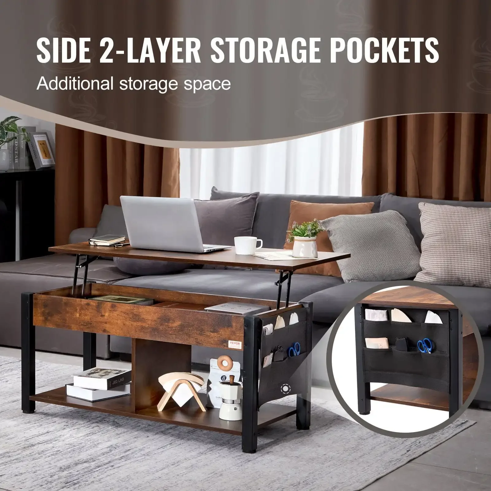 Mesa de centro con tapa elevable Mesa de centro rectangular de 41,7" para salón Marrón