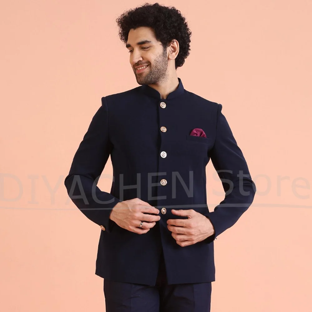 

Men's Navy Blue Mandarin Collar Suit Set Slim Fit Blazer with Pants Formal Wedding Party Smart Casual Male Suit 2 Piece