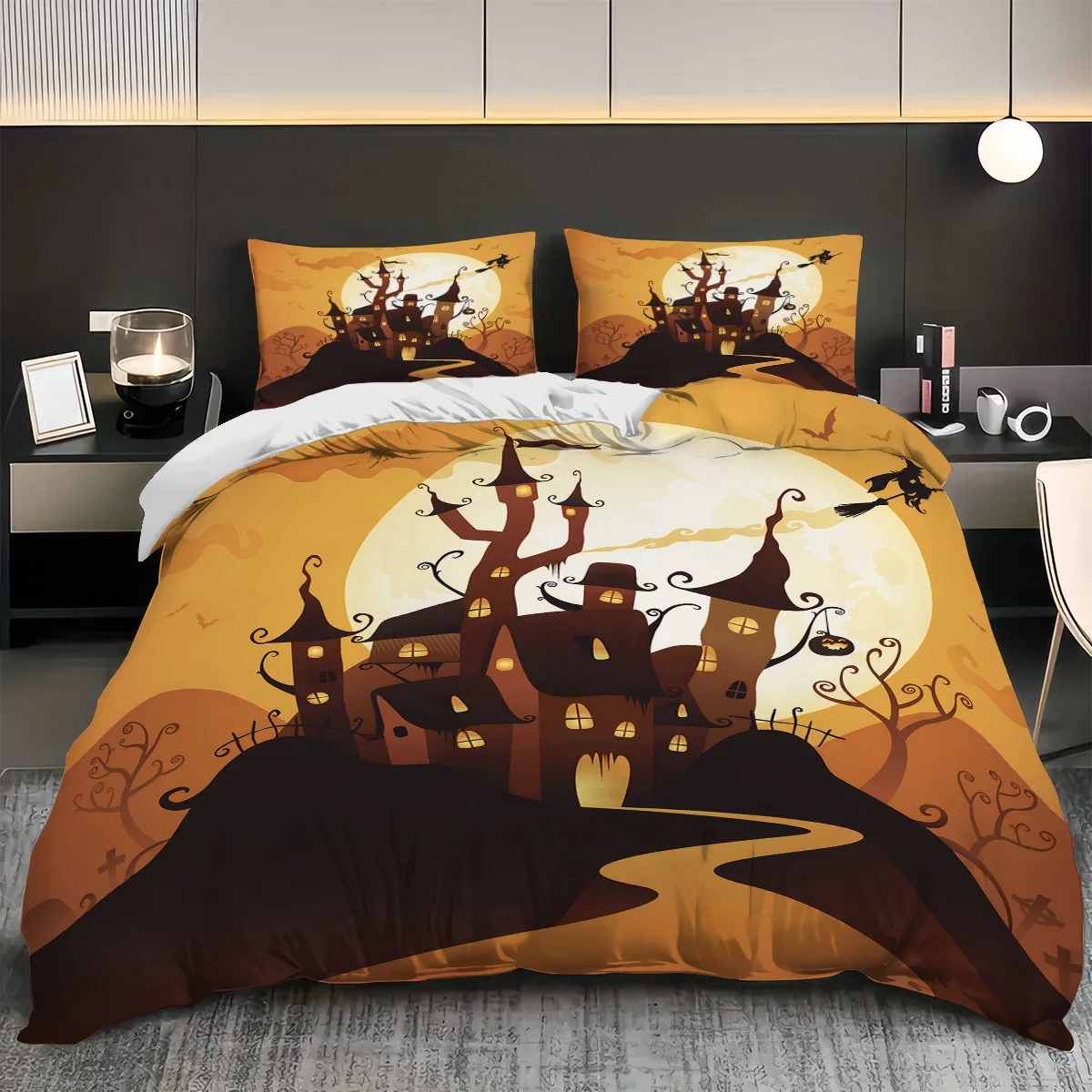 3-teiliges Halloween-Steppdecken-Set mit bösem Schloss, bedruckt, mehrere Größen, Schlafsaal, Schlafzimmer, weich und bequem, maschinenwaschbar