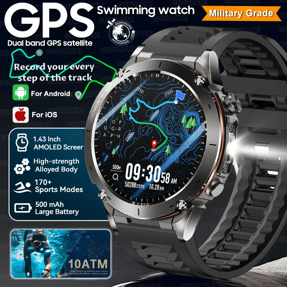

2025 военные GPS спортивные умные часы для мужчин 1,43 "HD AMOLED экран компас высотомер барометрический 10 АТМ водонепроницаемые умные часы T-Rex3