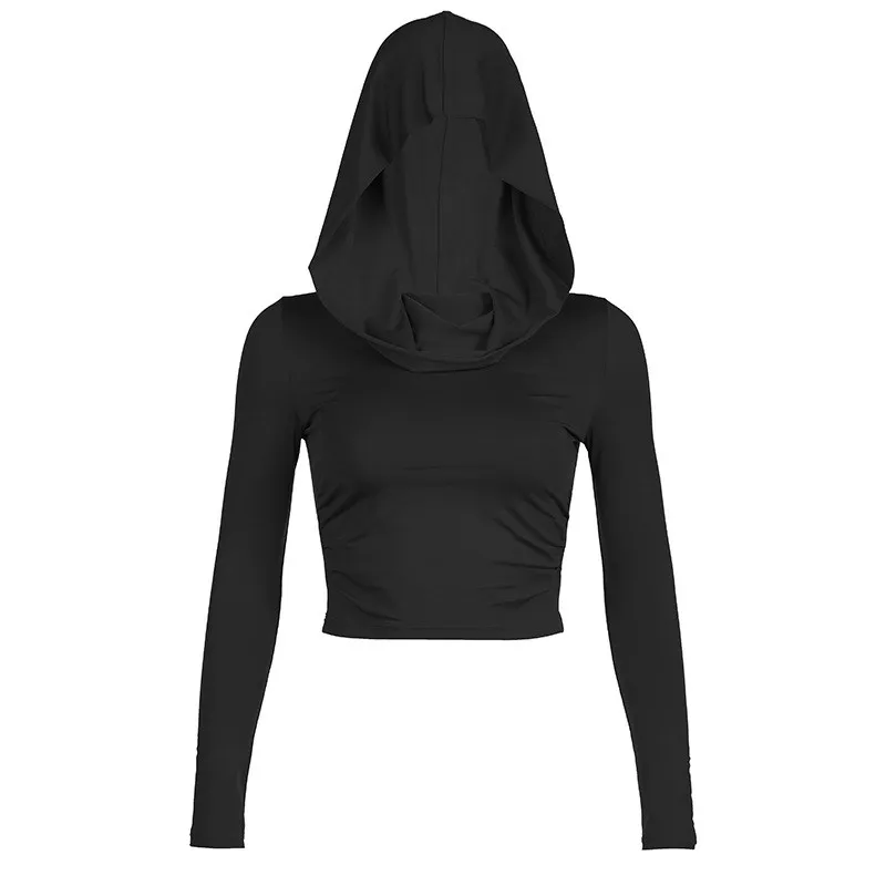 

Street Sle футболка с капюшоном и рюшами, женская тонкая длинная уличная одежда све, однотонные повседневные длинные футболки с завязками