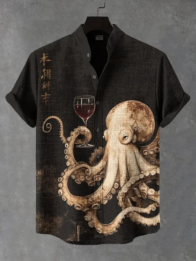

Office Man Black Shirts Men's Octopus Drinking Red Wine Art Print Casual Shirt Vintage Party Short Sleeve 2025 Buttons Tunic Top